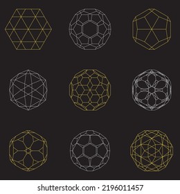 Abstract object intersecting gold lines isolated on black background. Wireframe 3D volume projection. Complex geometry aspect. Op art.
