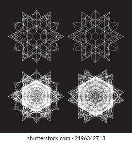 Abstract object intersecting lines isolated on black background. Wireframe 3D volume projection. Complex geometry aspect. Op art.