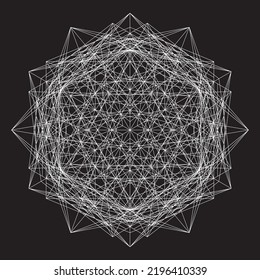 Abstract object intersecting lines isolated on black background. Wireframe 3D volume projection. Complex geometry aspect. Op art.