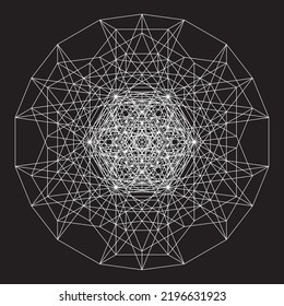 Resumen de líneas de intersección de objetos aisladas en fondo negro. Proyección de volumen 3D del bastidor de cables. Aspecto de geometría compleja. Op art.