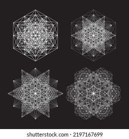 Abstract object intersecting lines isolated on black background. Wireframe 3D volume projection. Complex geometry aspect. Op art.