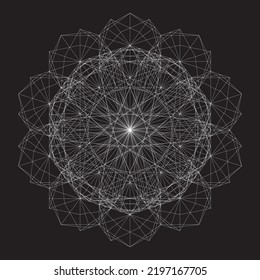 Abstract object intersecting lines isolated on black background. Wireframe 3D volume projection. Complex geometry aspect. Op art.