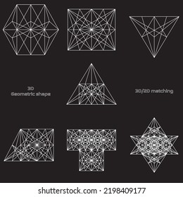 Abstract object intersecting lines isolated on black background. Wireframe 3D volume projection. Complex geometry aspect. Op art.