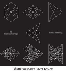 Abstract object intersecting lines isolated on black background. Wireframe 3D volume projection. Complex geometry aspect. Op art.