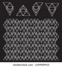 Abstract object intersecting lines isolated on black background. Wireframe 3D volume projection. Complex geometry aspect. Op art.