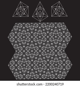 Abstract object intersecting lines isolated on black background. Wireframe 3D volume projection. Complex geometry aspect. Op art.