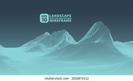 Abstract object in wireframe mesh. 3D grid technology illustration landscape. Digital Terrain Cyberspace in Mountains with valleys. Data Array. Black background. Design Materials. Vector Illustration