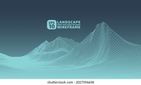 Abstract object in wireframe mesh. 3D grid technology illustration landscape. Digital Terrain Cyberspace in Mountains with valleys. Data Array. Blue background. Design Materials. Vector Illustration