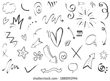 Abstract objects arrows, ribbons, fireworks, hearts, lightning, love, leaves, stars, cones, crowns and other elements in the hand drawn style vector illustration.

