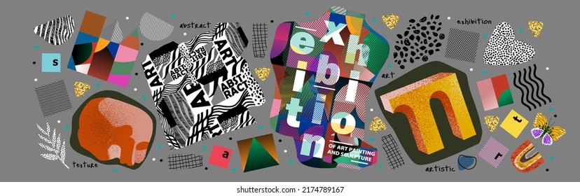 Abstract objects for an exhibition music  art  painting  sculpture  Vector illustrations geometric shapes  objects   lines for background  flyer cover