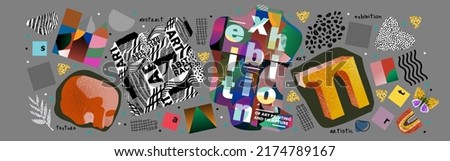 Abstract objects for an exhibition of music, art, painting, sculpture. Vector illustrations of geometric shapes, objects and lines for background, flyer or cover