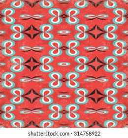 abstract objects on a red background in retro style grunge effect seamless pattern