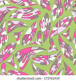 Abstract  objects seamless patterns with foliage, feathers and tails, geometric shapes. Simple colors-white, green, gray.