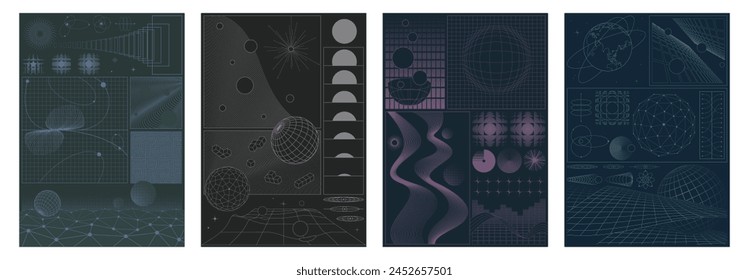 Abstract Objects Technology Elements, 3D Effect Geometric Shapes and Styles, Template Set for Scintific, Physics, Astronomic Posters, Illustrations 