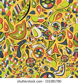Abstract objects.Vector ethnic background with animals plant. Seamless pattern can be used for wallpapers, pattern fills, web page background,surface textures.Bright children's cartoon animals.