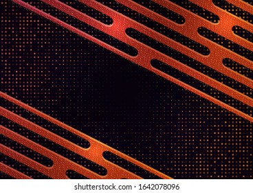 Abstract oblique geometric shapes, stripes, halftone squares on a black background. Bright gradient, small particles. Universal template for cover design, business card, flyer. Vector illustration