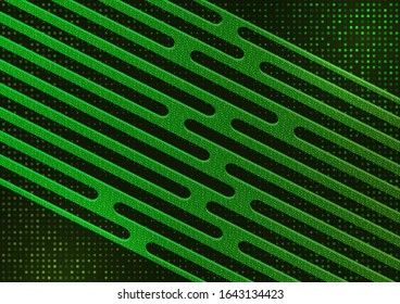 Abstract oblique geometric shapes, stripes, halftone squares on a black background. Bright gradient, small particles. Universal template for cover design, business card, flyer. Vector illustration