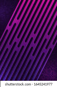 Abstract oblique geometric shapes, stripes, halftone squares on a black background. Bright gradient, small particles. Universal template for cover design, business card, flyer. Vector illustration