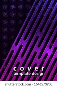Abstract oblique geometric shapes, stripes, halftone squares on a black background. Bright gradient, small particles. Universal template for cover design, business card, flyer. Vector illustration