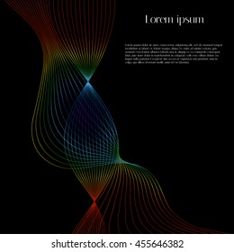 Abstract oblique rainbow waves on a black background with example text