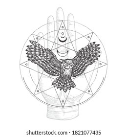 Abstract Occult Symbol, Vintage Style Logo or Tattoo Template. Hand Drawn Flying Black Owl and Palm Hand Sketch Symbol and Geometric Mystical Magic Ornaments and Signs. Isolated.