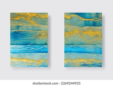 Resumen de las pancartas de arte oceánico puestas. Lujo Natural. Hermosa pintura azul con la adición de polvo de oro. Ilustración vectorial.