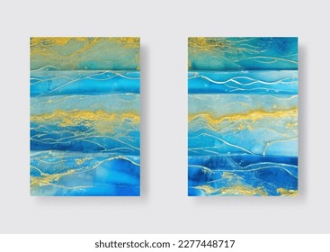 Abstract ocean art banners set. Natural Luxury. Beautiful blue paint with the addition of gold powder. Vector illustration.