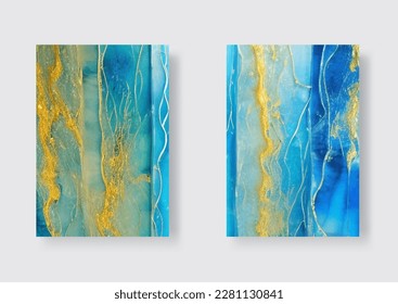 Abstract ocean art banners set. Natural Luxury. Beautiful blue paint with the addition of gold powder. Vector illustration.
