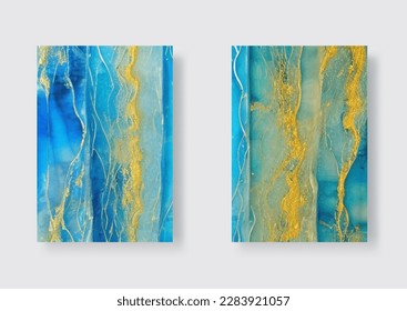 Resumen de las pancartas de arte oceánico puestas. Lujo Natural. Hermosa pintura azul con la adición de polvo de oro. Ilustración vectorial.