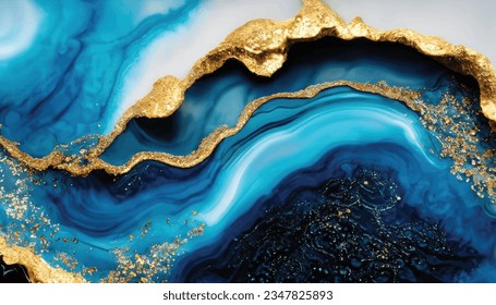 Abstract ocean- ART. Natural Luxury. Style incorporates the swirls of marble or the ripples of agate. Very beautiful blue paint with the addition of gold powder, 9k, highly detailed