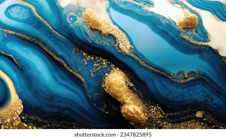 Abstract ocean- ART. Natural Luxury. Style incorporates the swirls of marble or the ripples of agate. Very beautiful blue paint with the addition of gold powder, 9k, highly detailed
