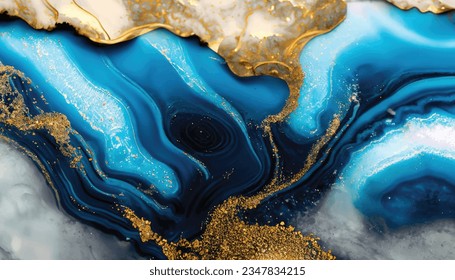 Resumen oceánico - ART. Lujo Natural. El estilo incluye los remolinos de mármol o las ondas de agate. Muy hermosa pintura azul con adición de polvo dorado Vector Ilustración