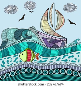 Abstract Ocean Background with ship and fish