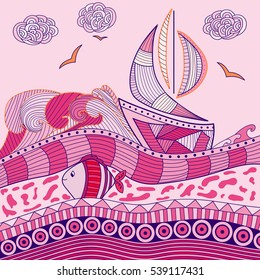 Abstract Ocean Background with ship and fish