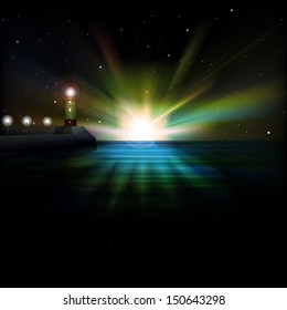 abstract ocean background with sunrise and lighthouse