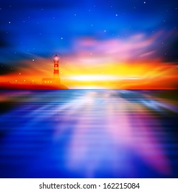 abstract ocean background with sunrise and lighthouse