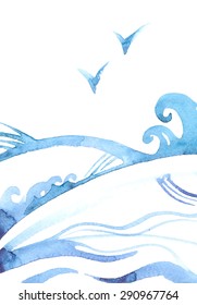 Abstract Ocean Background With Waves And Gulls. Vector Background