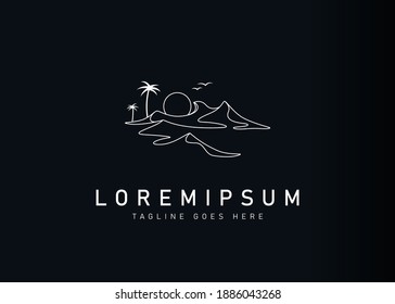 Abstract ocean landscape logo design. Vector illustration of ocean wave with sunrise and birds. Vintage logo design vector line icon template