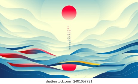 Abstract ocean landscape with red sun and blue waves. Vector background.