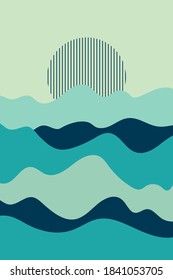 Resumen del paisaje oceánico para el diseño de la decoración de las paredes. Modernas olas de mar e ilustración de la línea solar vectorial. Afiche geométrico azul turquesa de moda de mediados de siglo.