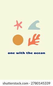 Abstract ocean life icons and text saying one with the ocean