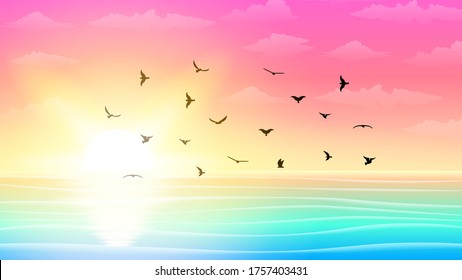 Resumen Vector De Fondo Del Mar Oceánico Con Sunset Y Naturaleza De Las Aves