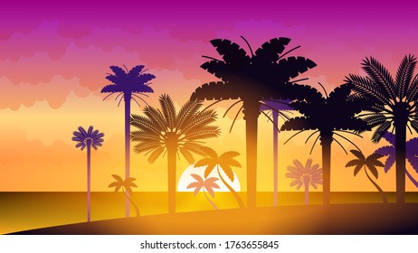 Abstract Ocean Sea Background Vector With Palm Trees And Sun