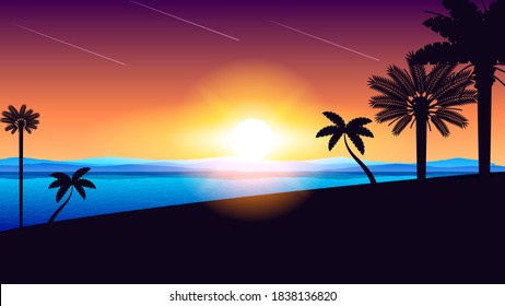 Abstract Ocean Sea Background Vector With Palm Trees Mountains And Sun Design Style Nature Landscape