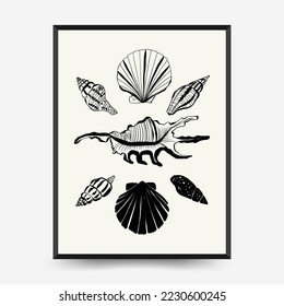 Resumen de la plantilla de afiches oceánicos y marinos. Mar moderno Estilo botánico negro de moda. Algas, peces, concha. Arte de pared de tinta.