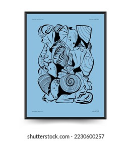 Abstract ocean and sea posters template. Modern sea Botanical trendy black style. Vintage seaweed, fish, shell. Ink wall  art.