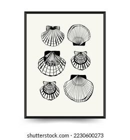 Abstract ocean and sea posters template. Modern sea Botanical trendy black style. Vintage seaweed, fish, shell. Ink wall  art.