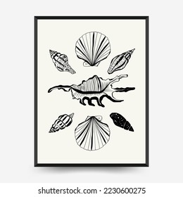 Abstract ocean and sea posters template. Modern sea Botanical trendy black style. Vintage seaweed, fish, shell. Ink wall  art.