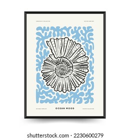 Abstract ocean and sea posters template. Modern sea Botanical trendy black style. Vintage seaweed, fish, shell. Ink wall  art.