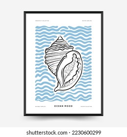 Abstract ocean and sea posters template. Modern sea Botanical trendy black style. Vintage seaweed, fish, shell. Ink wall  art.